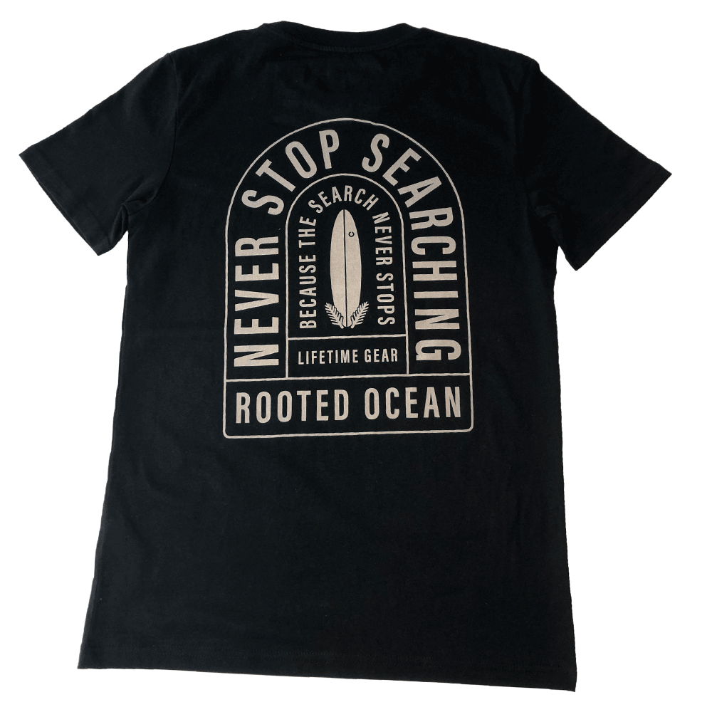 Never-Stop-Searching-Black-tee-Back