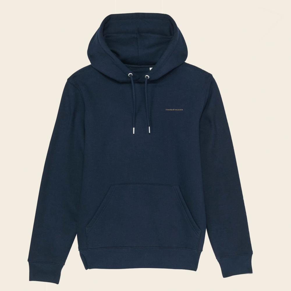 navy organic cotton hoodie by Rooted Ocean